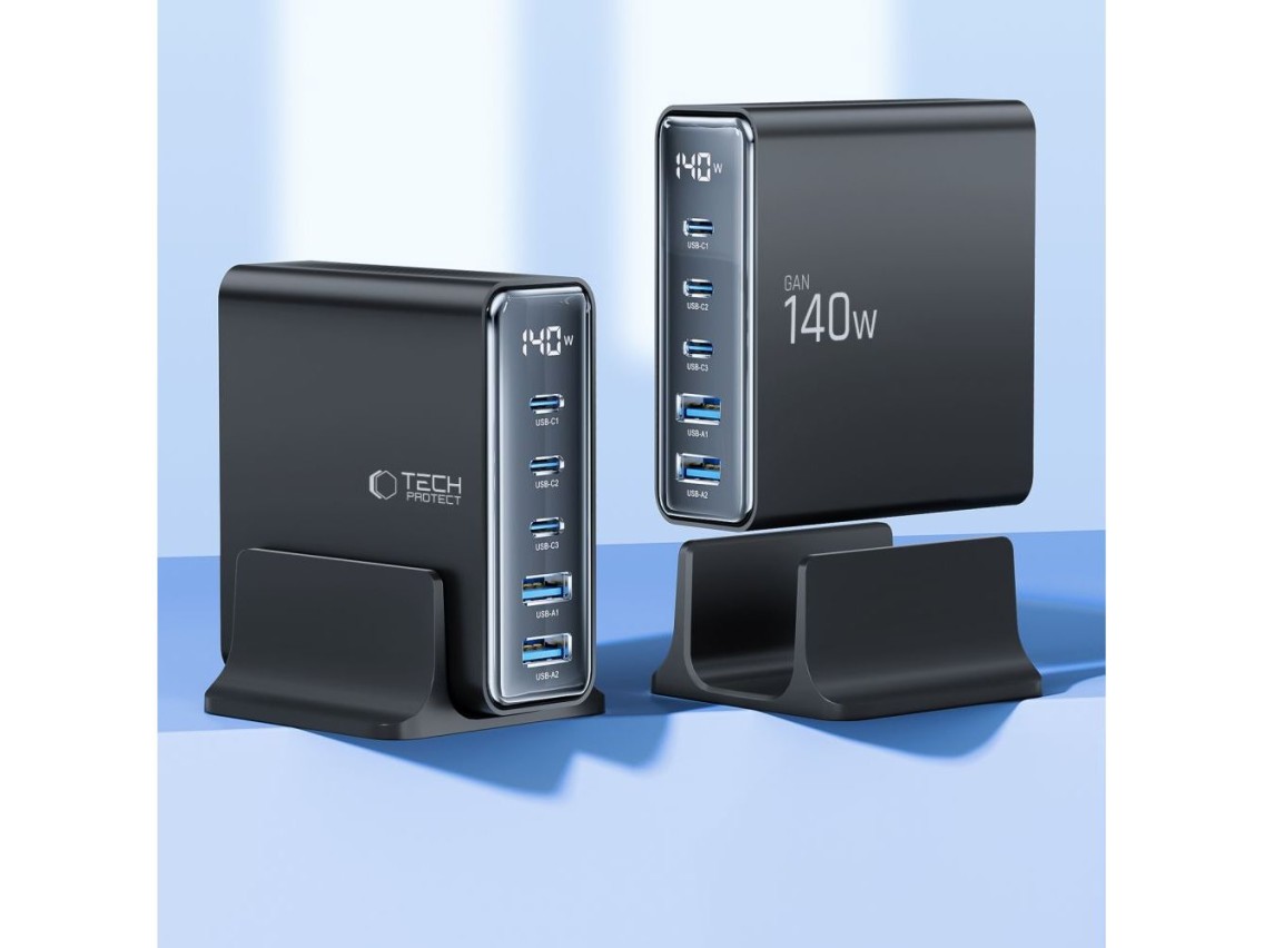 Estación de carga Tech-Protect DC140W-GAN de 5 puertos PD140W/QC3.0 - Negra