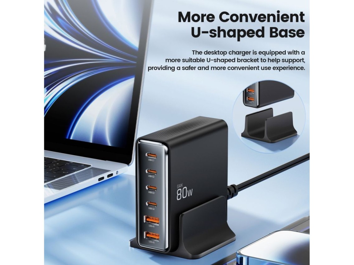 Estação de carregamento Tech-protect DC80W-GAN de 6 portas PD80W/QC3.0 - Preta