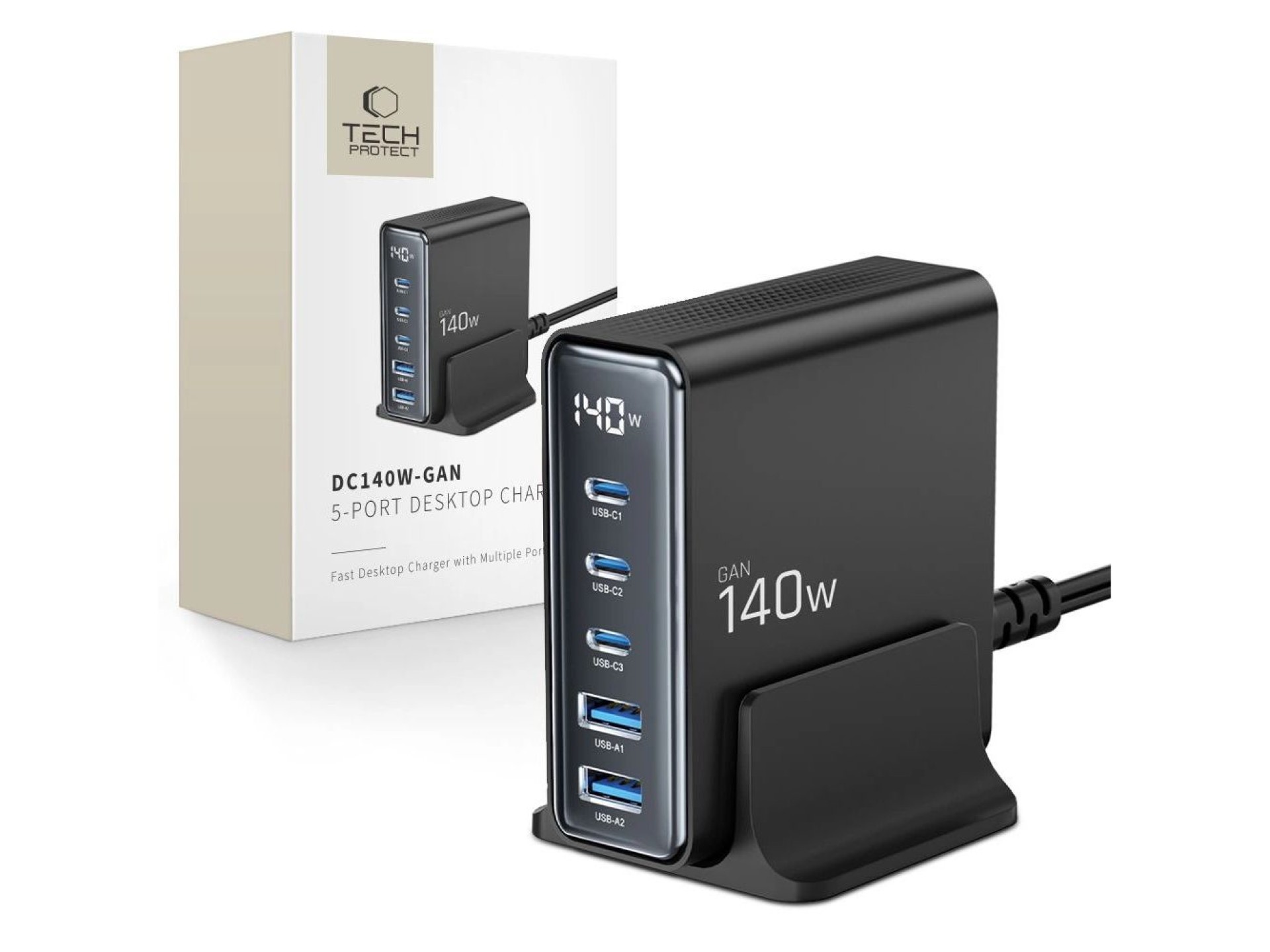 Estación de carga Tech-Protect DC140W-GAN de 5 puertos PD140W/QC3.0 - Negra