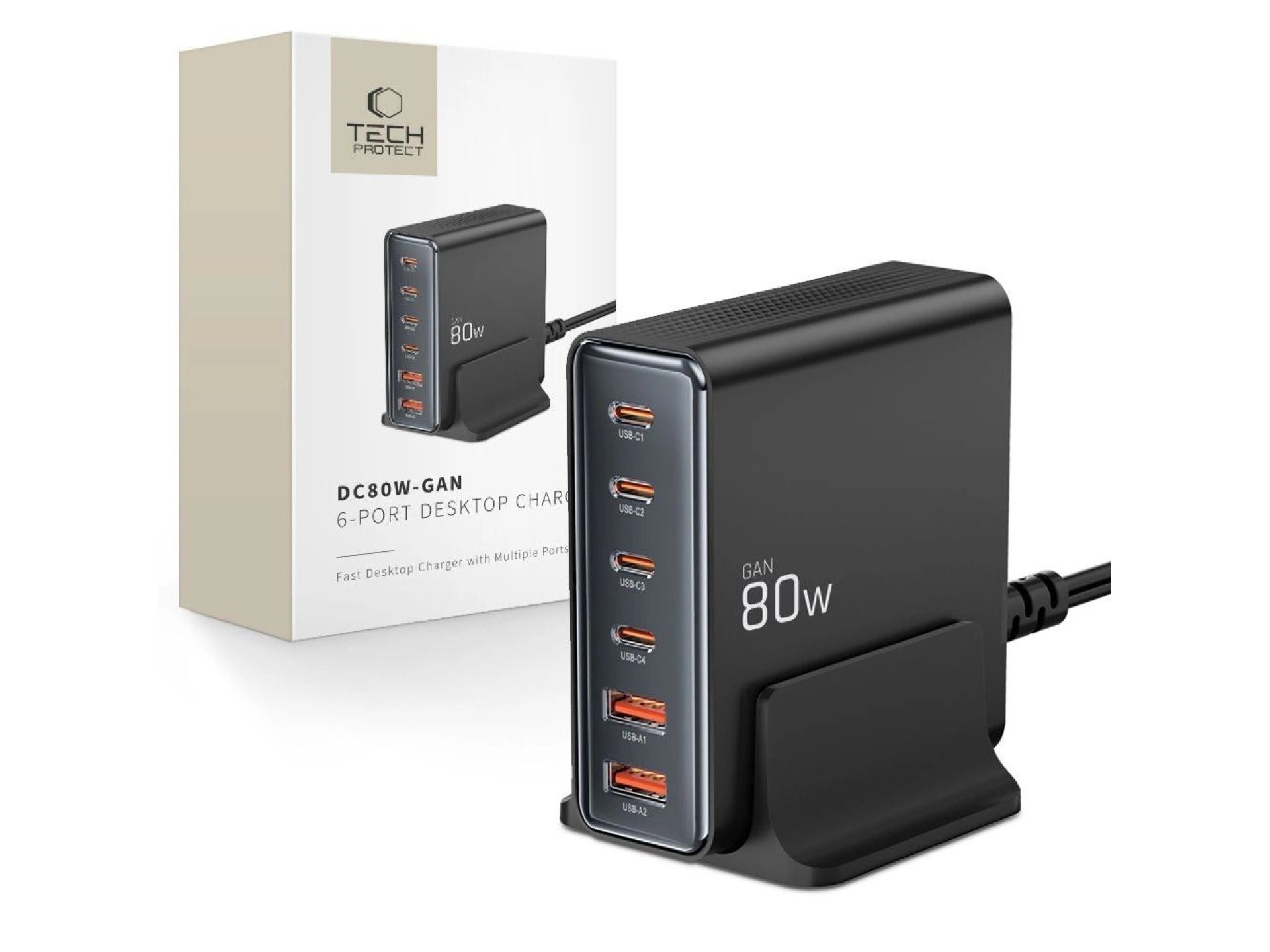 Estação de carregamento Tech-protect DC80W-GAN de 6 portas PD80W/QC3.0 - Preta
