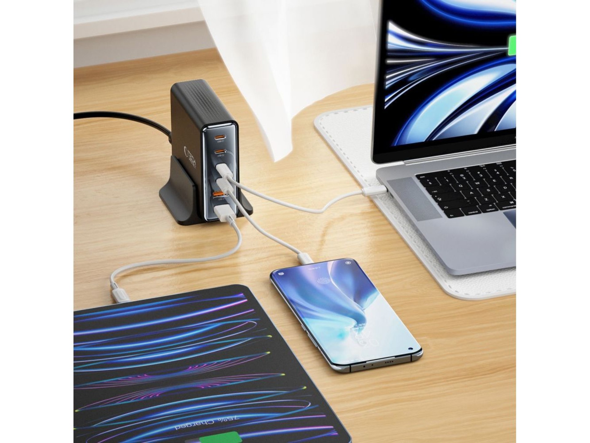 Estação de carregamento Tech-protect DC80W-GAN de 6 portas PD80W/QC3.0 - Preta
