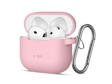 Funda protectora de silicona Tech-Protect con gancho para AirPods 4 - Rosa