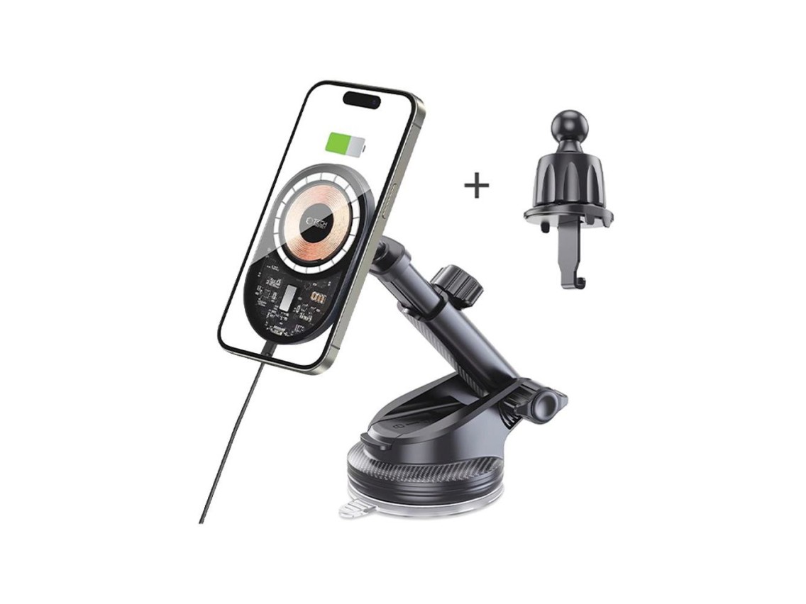 Tech-Protect MM15W-V6 15W Car Charger Holder with MagSafe for Dashboard and Air Vent - Black