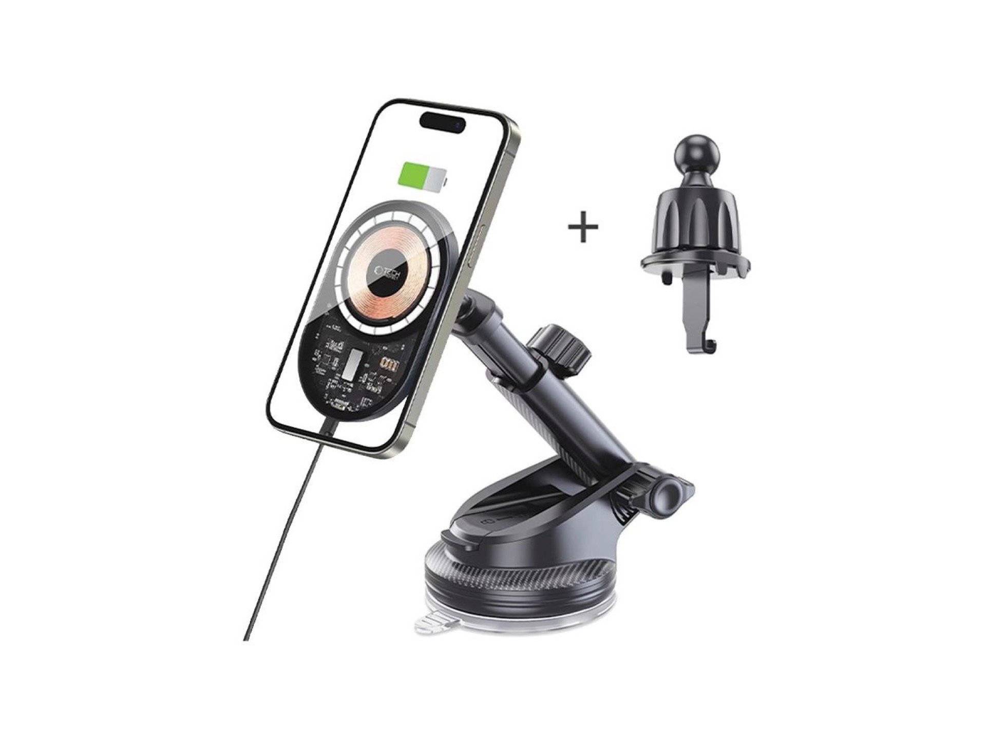 Tech-Protect MM15W-V6 15W Car Charger Holder with MagSafe for Dashboard and Air Vent - Black