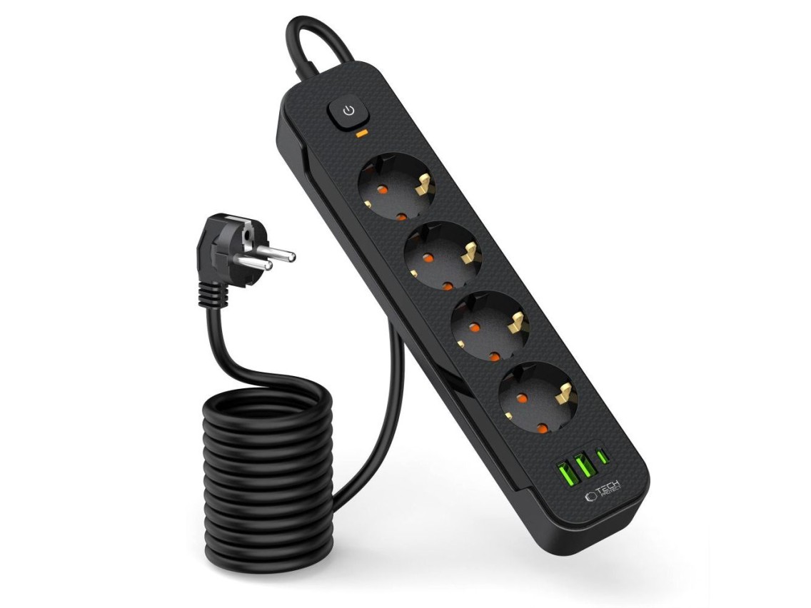 Tech-Protect PCL4X3 Power Strip 4 Sockets 240V + 2xUSB-A + 1xUSB-C 200 cm - Black