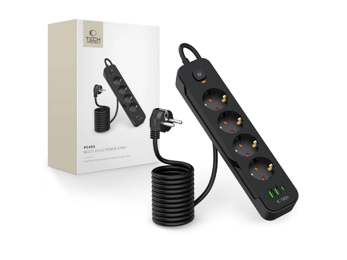 Tech-Protect PCL4X3 Power Strip 4 Sockets 240V + 2xUSB-A + 1xUSB-C 200 cm - Black