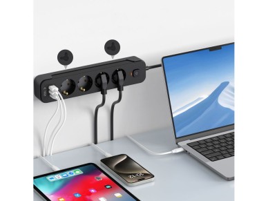 R�gua de energia Tech-Protect PCL4X3 com 4 tomadas 240V + 2xUSB-A + 1xUSB-C, 200 cm - Preta