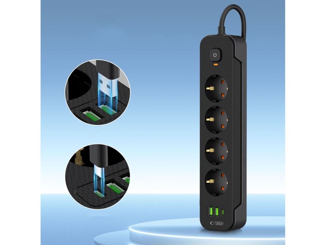 Tech-Protect PCL4X3 Power Strip 4 Sockets 240V + 2xUSB-A + 1xUSB-C 200 cm - Black