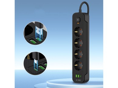 R�gua de energia Tech-Protect PCL4X3 com 4 tomadas 240V + 2xUSB-A + 1xUSB-C, 200 cm - Preta