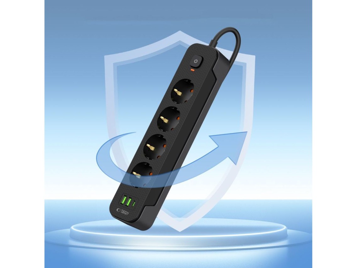 Tech-Protect PCL4X3 Power Strip 4 Sockets 240V + 2xUSB-A + 1xUSB-C 200 cm - Black