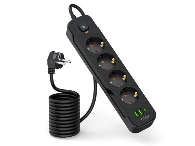 R�gua de energia Tech-Protect PCL4X3 com 4 tomadas 240V + 2xUSB-A + 1xUSB-C, 200 cm - Preta