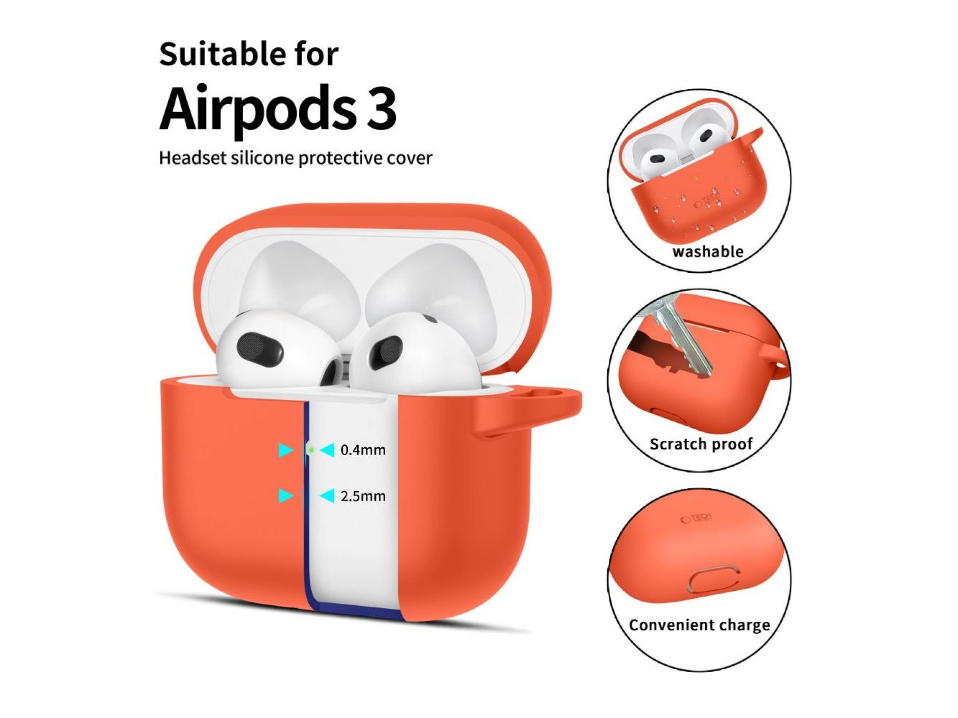 Capa de silicone Tech-Protect com gancho para Apple AirPods 3 - Laranja