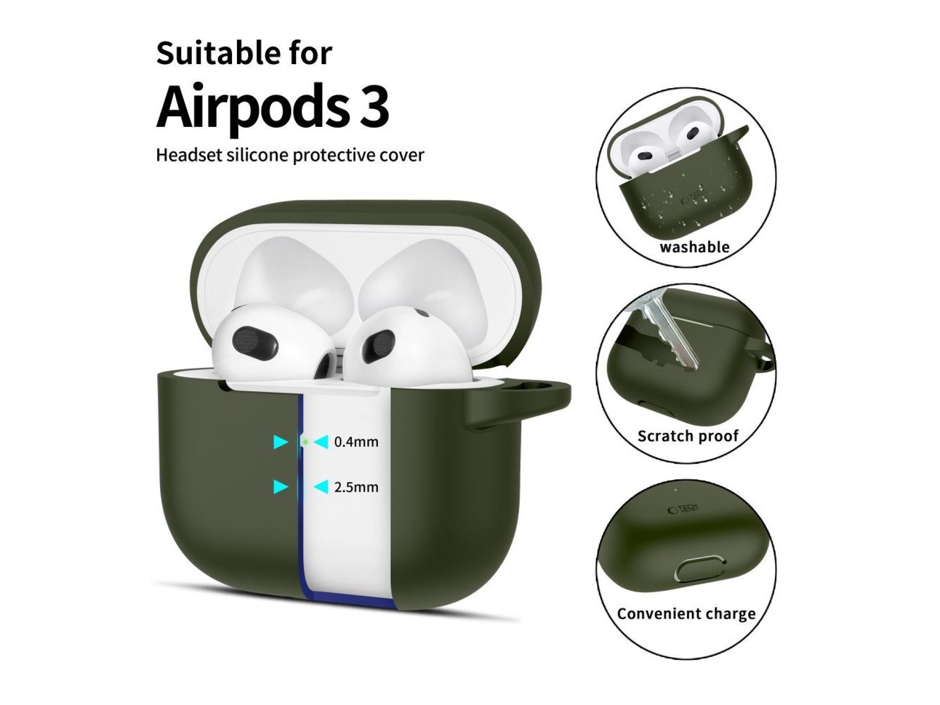 Funda protectora de silicona Tech-Protect con gancho para Apple AirPods 3 - Verde