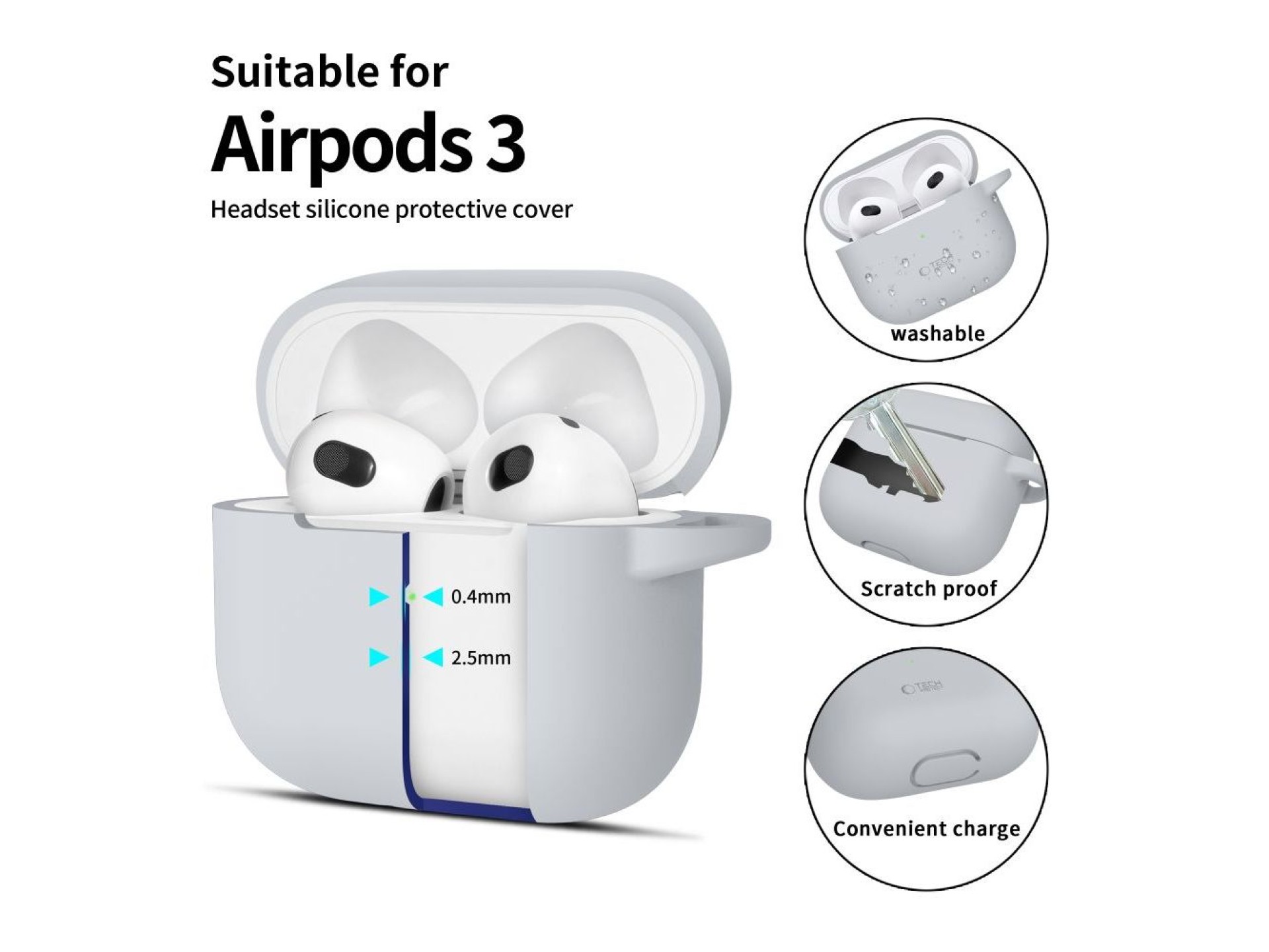Funda protectora de silicona Tech-Protect con gancho para Apple AirPods 3 - Gris