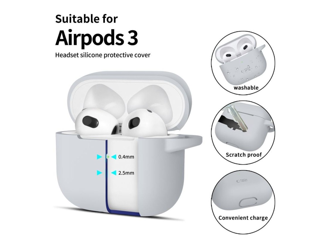 Funda protectora de silicona Tech-Protect con gancho para Apple AirPods 3 - Gris