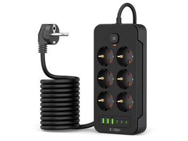 R�gua de energia Tech-Protect PC6X6 com 6 tomadas 240V + 3xUSB-A + 3xUSB-C, 200cm - Preta