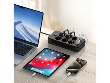R�gua de energia Tech-Protect PC6X6 com 6 tomadas 240V + 3xUSB-A + 3xUSB-C, 200cm - Preta