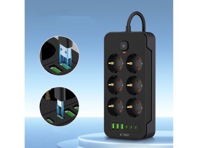 R�gua de energia Tech-Protect PC6X6 com 6 tomadas 240V + 3xUSB-A + 3xUSB-C, 200cm - Preta