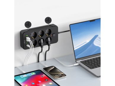 R�gua de energia Tech-Protect PC6X6 com 6 tomadas 240V + 3xUSB-A + 3xUSB-C, 200cm - Preta