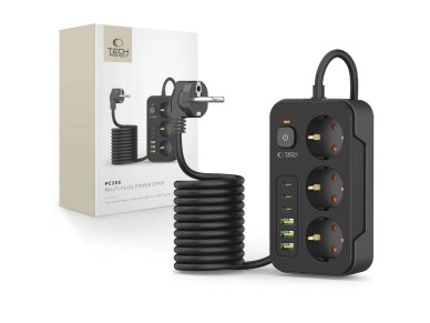R�gua de energia Tech-Protect PC3X6 com 3 tomadas 240V + 3xUSB-A + 3xUSB-C, 200cm - Preta