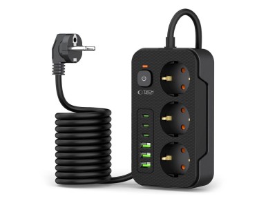 R�gua de energia Tech-Protect PC3X6 com 3 tomadas 240V + 3xUSB-A + 3xUSB-C, 200cm - Preta