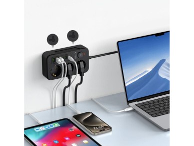 R�gua de energia Tech-Protect PC3X6 com 3 tomadas 240V + 3xUSB-A + 3xUSB-C, 200cm - Preta
