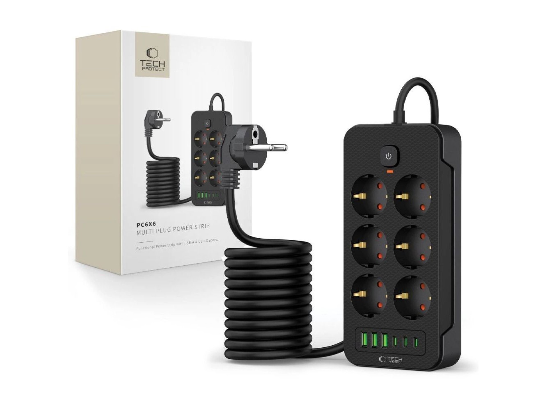 Régua de energia Tech-Protect PC6X6 com 6 tomadas 240V + 3xUSB-A + 3xUSB-C, 200cm - Preta