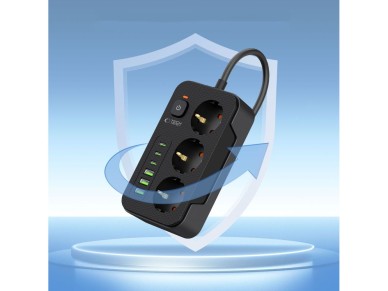 R�gua de energia Tech-Protect PC3X6 com 3 tomadas 240V + 3xUSB-A + 3xUSB-C, 200cm - Preta