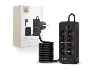 R�gua de energia Tech-Protect PC6X6 com 6 tomadas 240V + 3xUSB-A + 3xUSB-C, 200cm - Preta