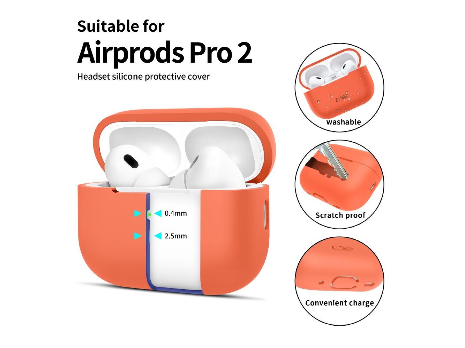 Capa de silicone Tech-Protect para Apple AirPods Pro 1/2 - Laranja
