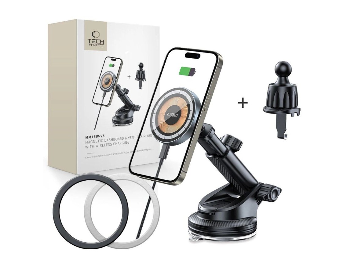 Tech-Protect MM15W MagSafe Car Holder with 15W Inductive Charger for Air Vent and Dashboard - Black