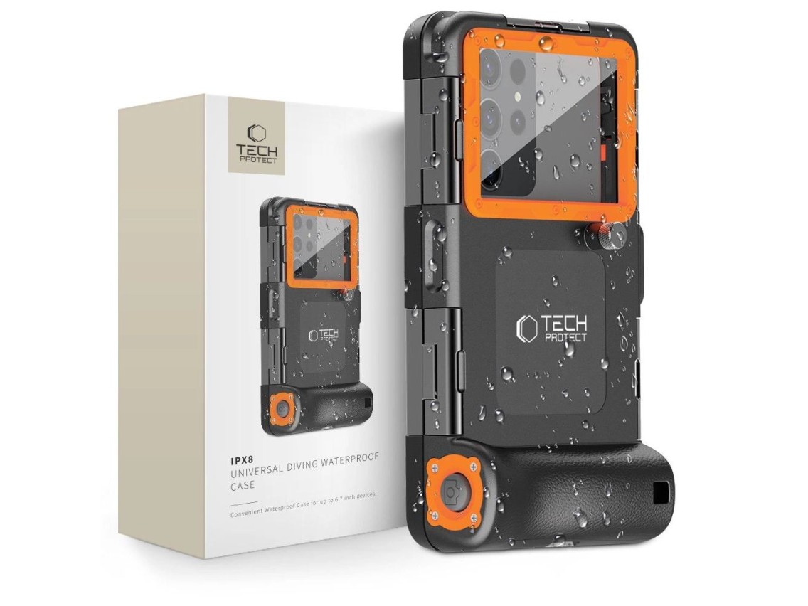 Capa à prova d'água Tech-Protect IPX8 para smartphones de 4,7 a 6,7 ??polegadas - Preto e Laranja