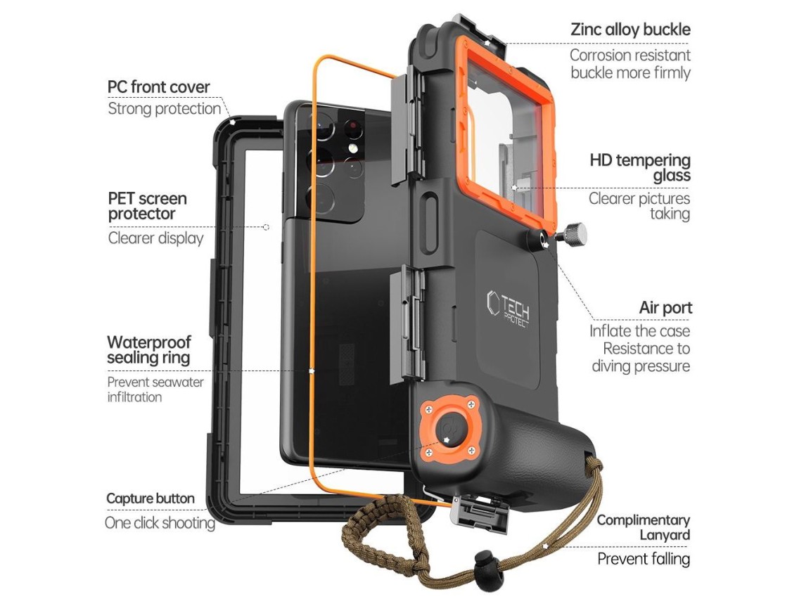 Capa à prova d'água Tech-Protect IPX8 para smartphones de 4,7 a 6,7 ??polegadas - Preto e Laranja