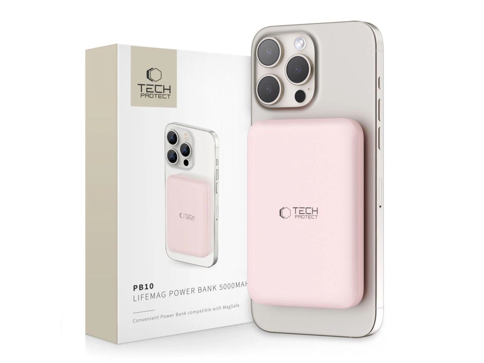 Tech-Protect LifeMag PB10 Powerbank com MagSafe 5000mAh 15W e porta USB-C - rosa + cabo USB-C