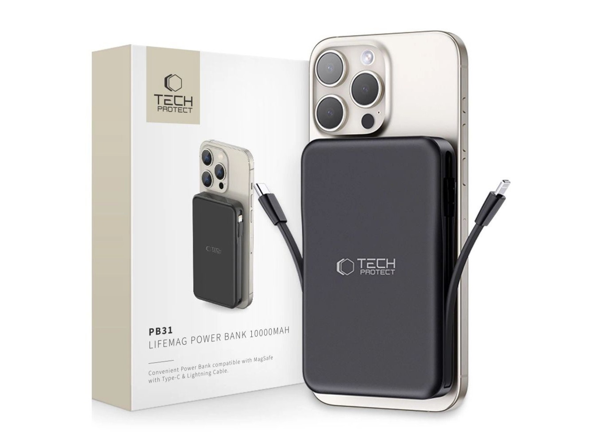 Batería externa Tech-Protect LifeMag PB31 con MagSafe, 10000 mAh, 15 W, USB-C / USB-A / USB-C integr