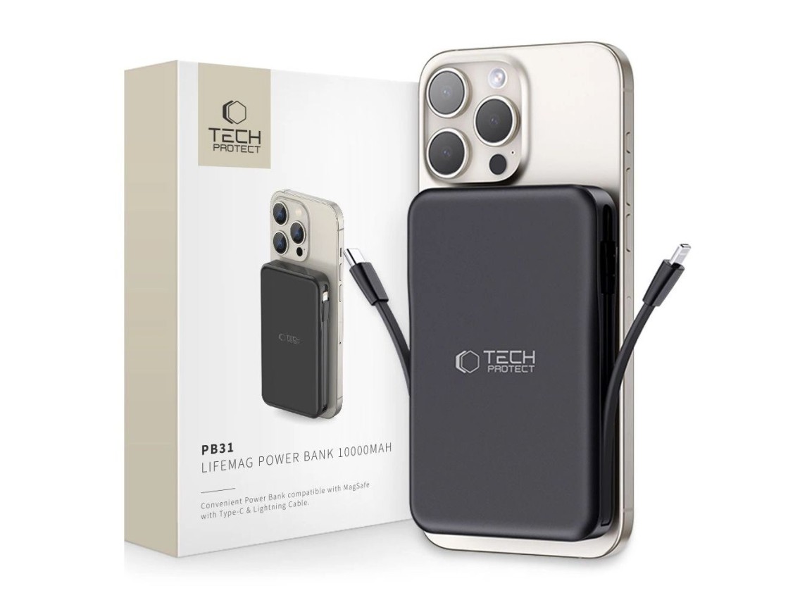 Batería externa Tech-Protect LifeMag PB31 con MagSafe, 10000 mAh, 15 W, USB-C / USB-A / USB-C integr