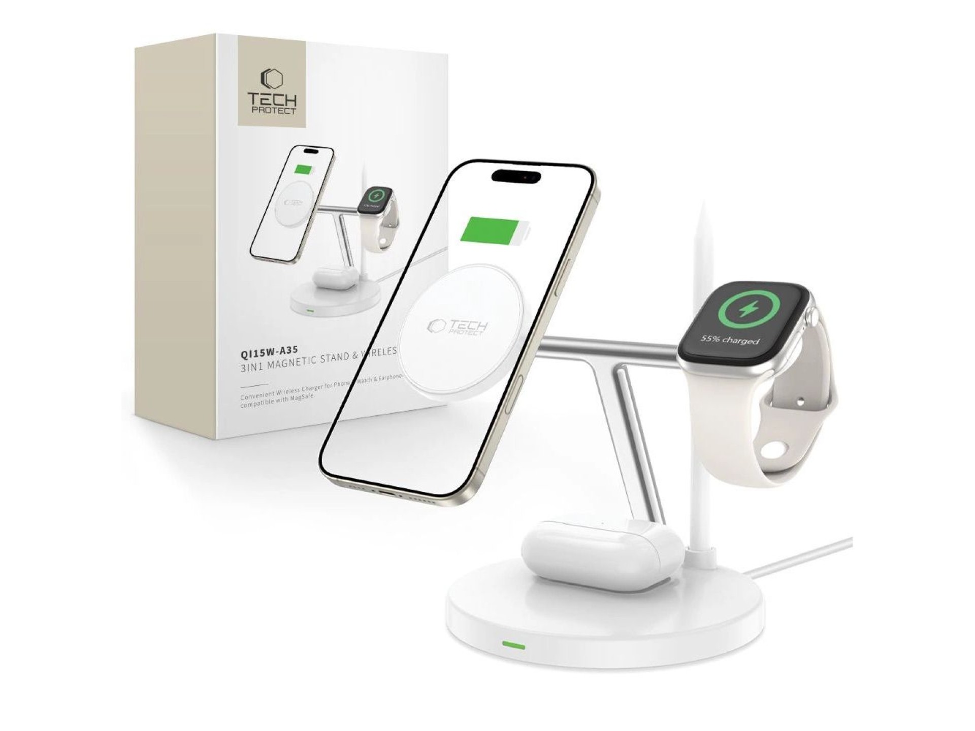 Carregador indutivo 3 em 1 Tech-Protect QI15W-A35 com MagSafe para iPhone / AirPods / Apple Watch -