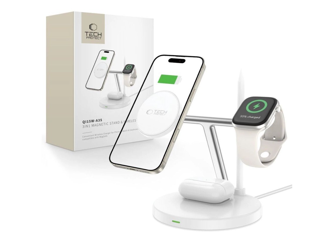 Carregador indutivo 3 em 1 Tech-Protect QI15W-A35 com MagSafe para iPhone / AirPods / Apple Watch -