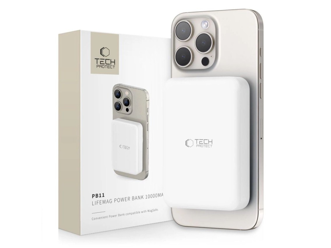 Tech-Protect LifeMag PB11 Powerbank com MagSafe 10000mAh 15W e porta USB-C - branco + cabo USB-C