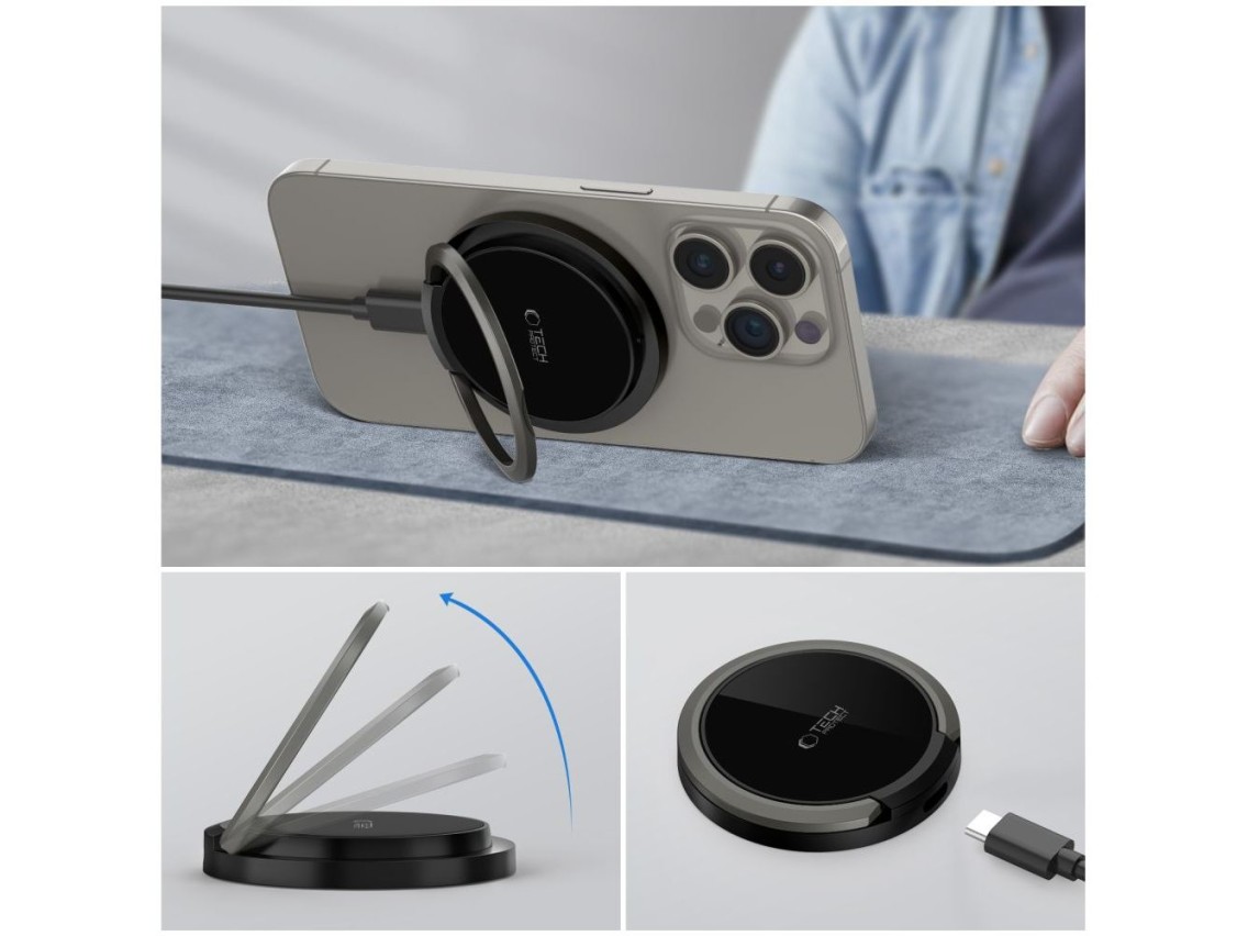 Carregador indutivo Tech-Protect QI15W-A33 com MagSafe e suporte, com cabo USB-A/USB-C - Preto