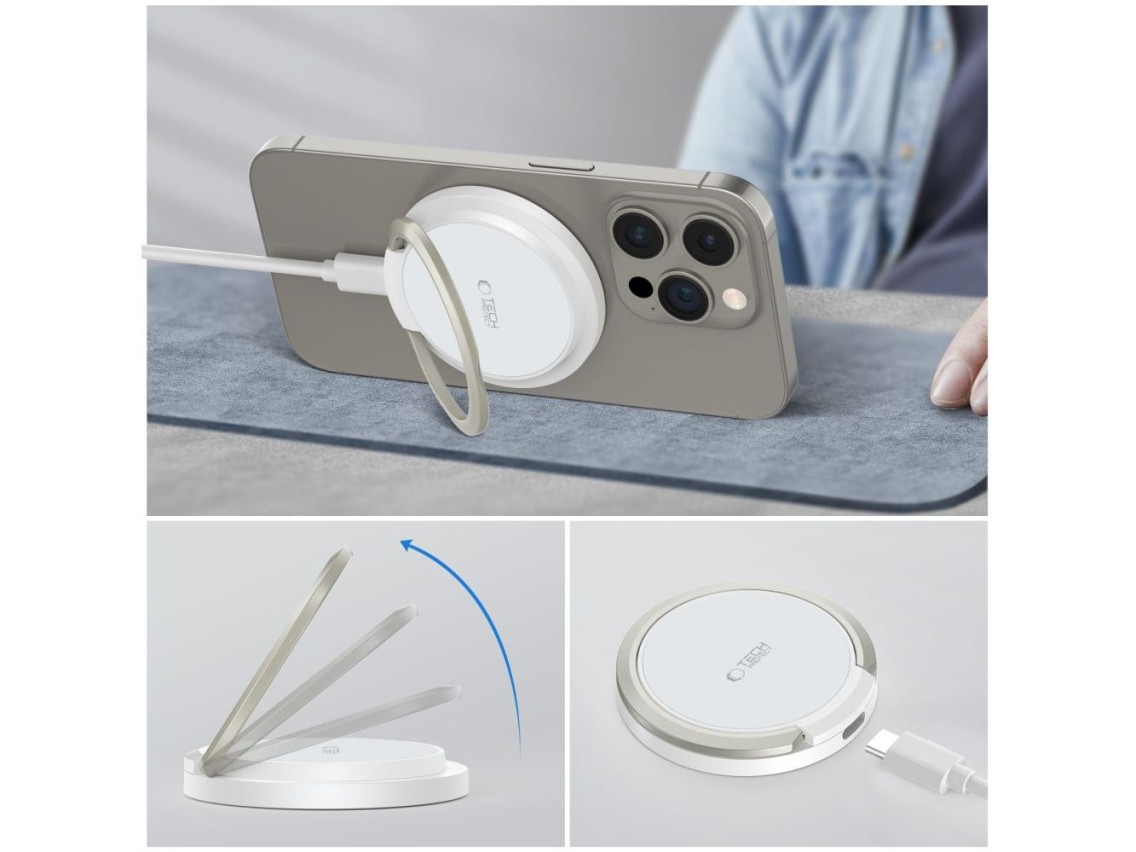 Carregador indutivo Tech-Protect QI15W-A33 com MagSafe e suporte, com cabo USB-A/USB-C - Branco