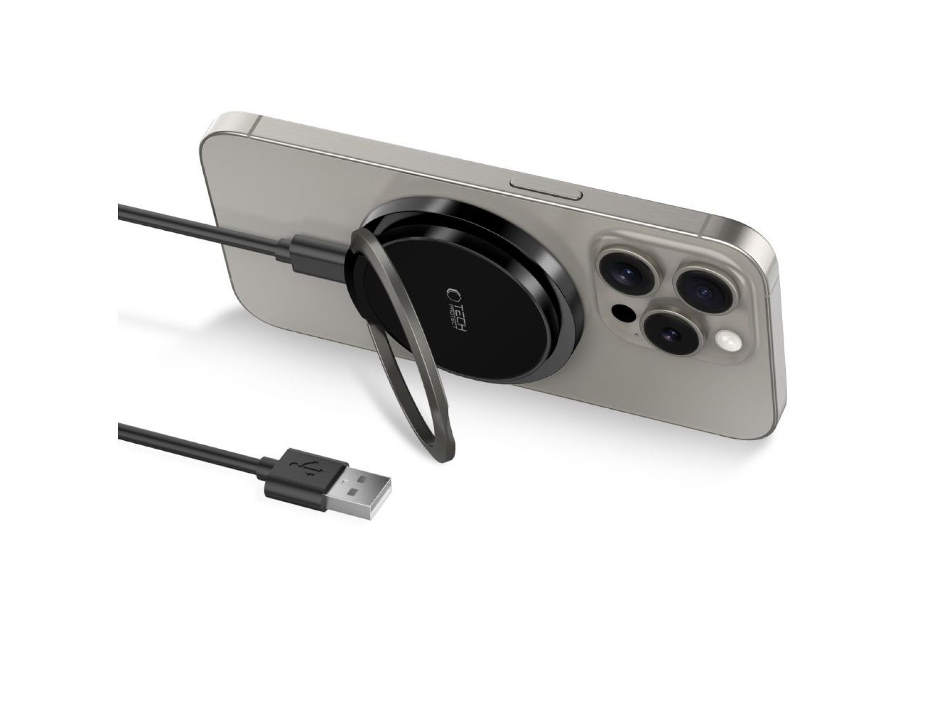 Carregador indutivo Tech-Protect QI15W-A33 com MagSafe e suporte, com cabo USB-A/USB-C - Preto