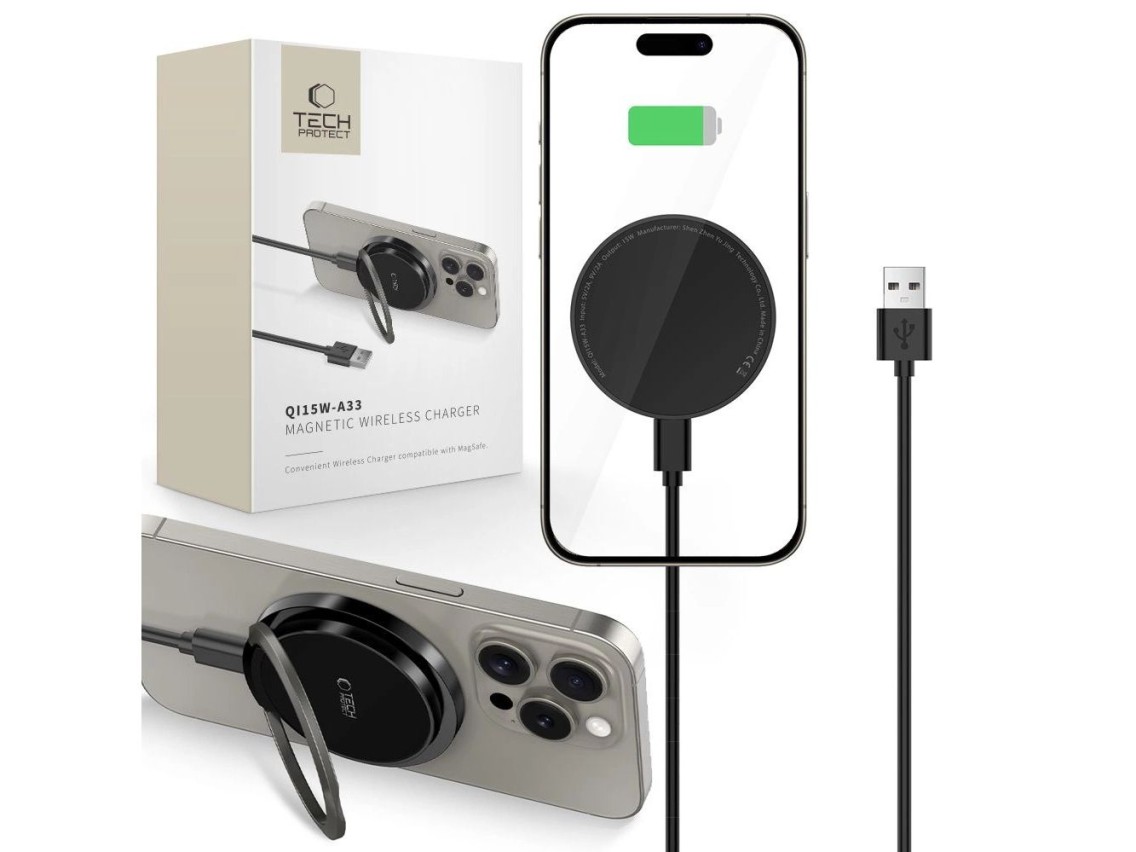 Carregador indutivo Tech-Protect QI15W-A33 com MagSafe e suporte, com cabo USB-A/USB-C - Preto