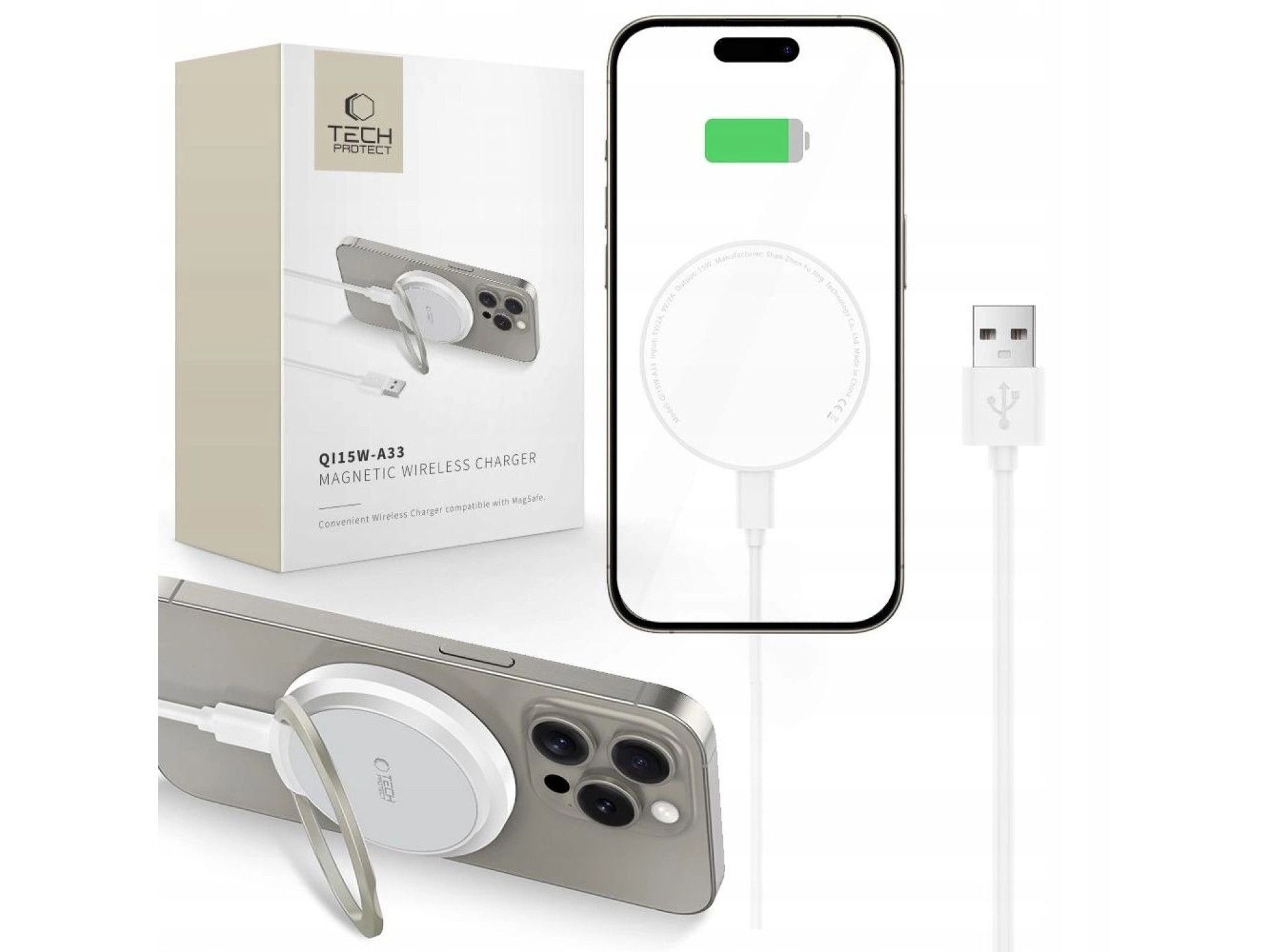 Carregador indutivo Tech-Protect QI15W-A33 com MagSafe e suporte, com cabo USB-A/USB-C - Branco