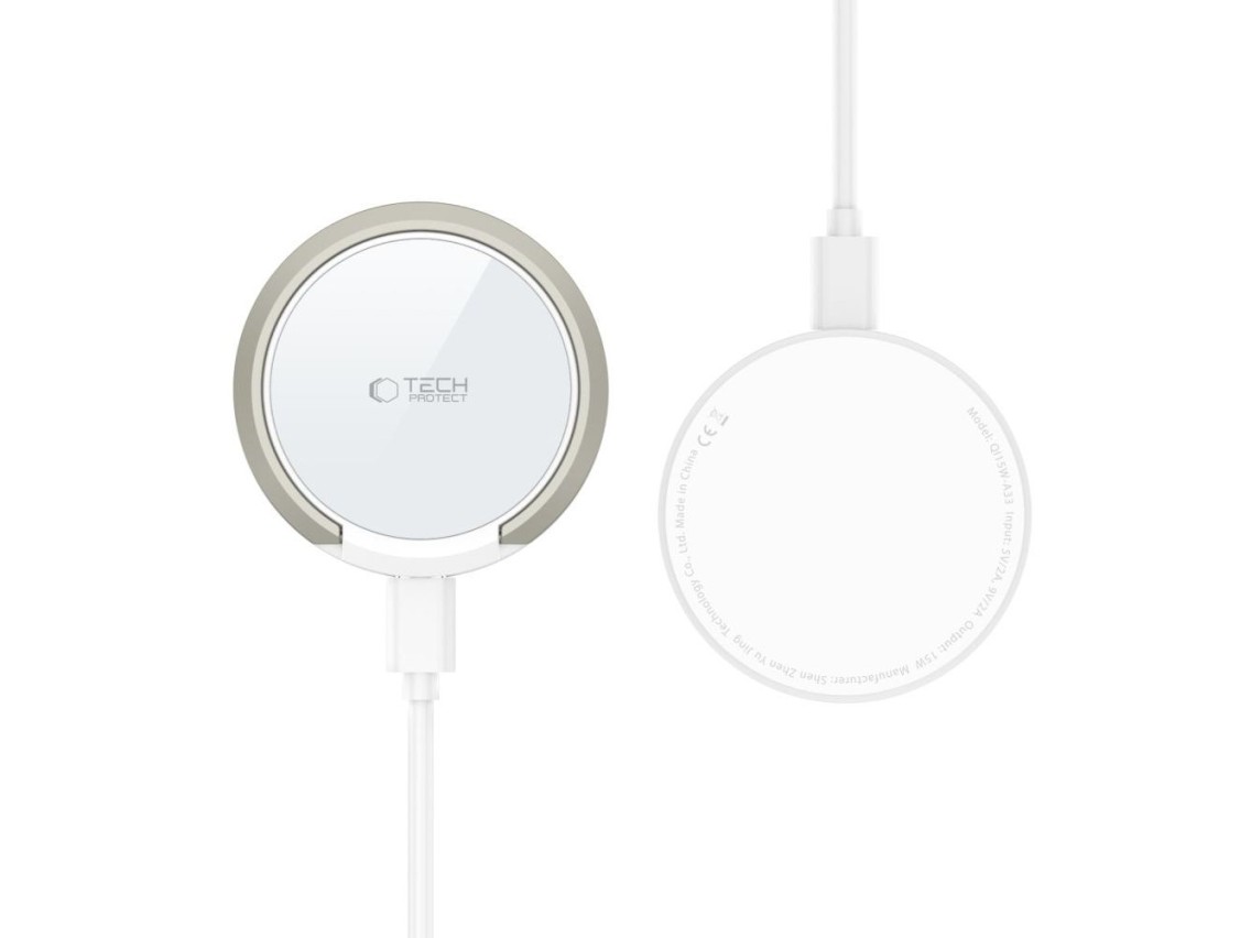 Carregador indutivo Tech-Protect QI15W-A33 com MagSafe e suporte, com cabo USB-A/USB-C - Branco