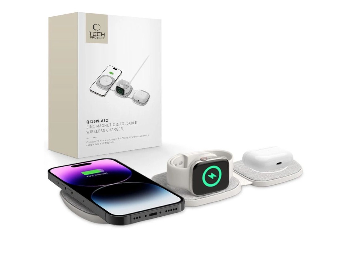 Carregador indutivo 3 em 1 Tech-Protect QI15W-A32 com MagSafe para Smartphone / Apple Watch / AirPod