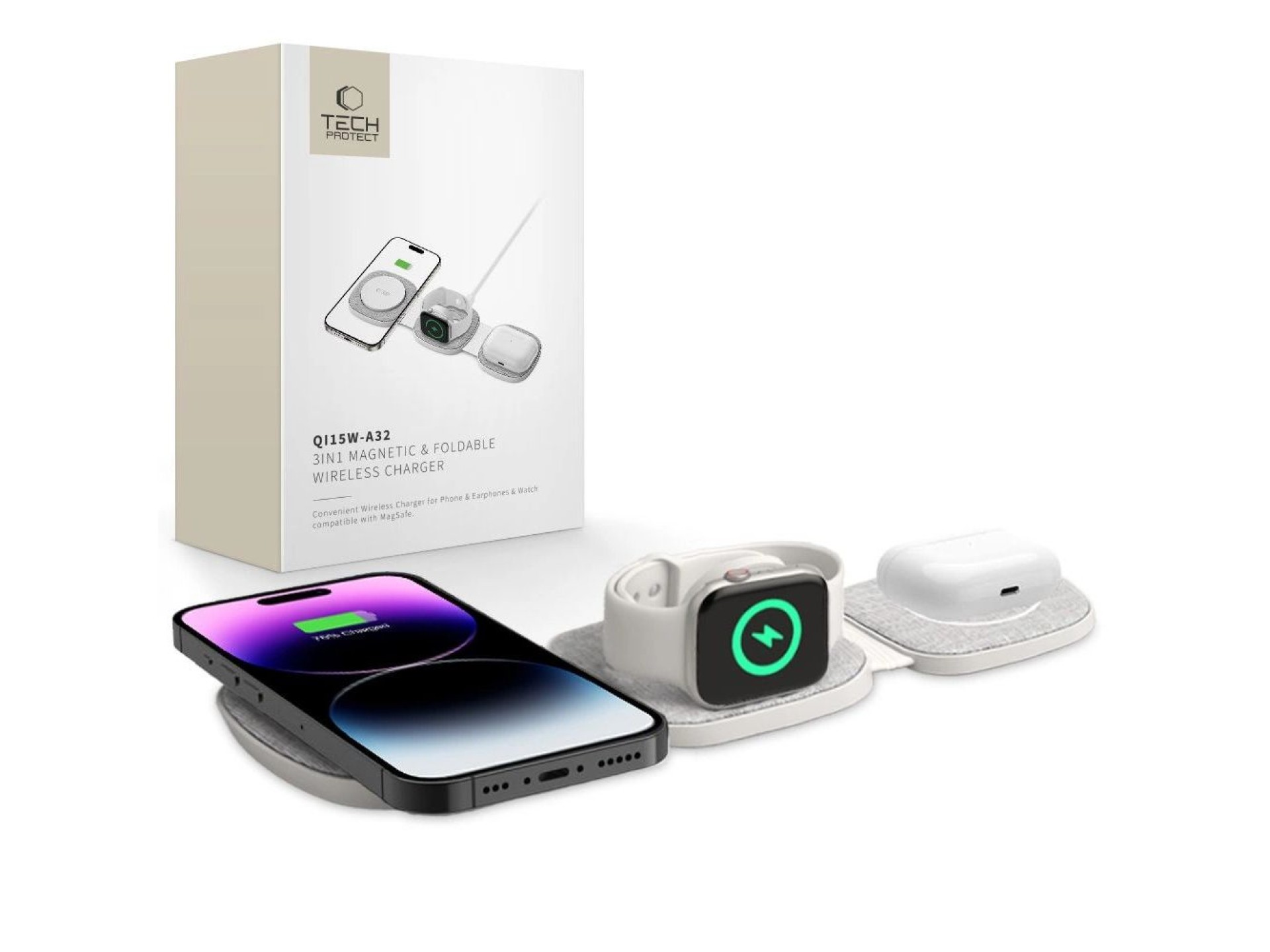 Carregador indutivo 3 em 1 Tech-Protect QI15W-A32 com MagSafe para Smartphone / Apple Watch / AirPod