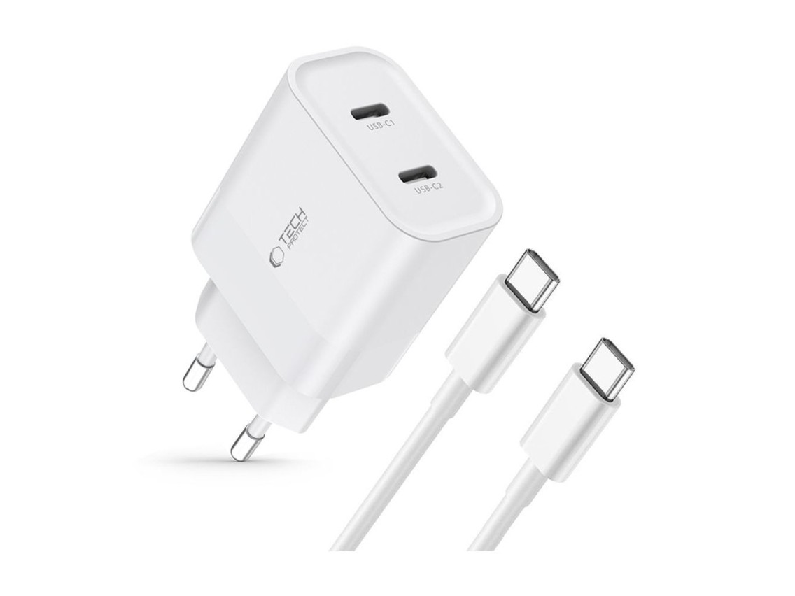 Carregador Tech-Protect C20W 2x USB-C PD 20W com cabo USB-C / USB-C - branco