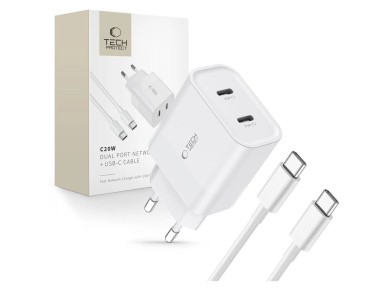 Tech-Protect C20W 2x USB-C PD 20W charger with USB-C / USB-C cable - white Tech-Protect C20W 2x USB-C PD 20W charger with USB-C / USB-C cable - white