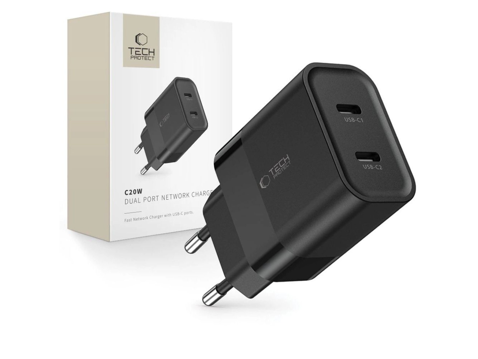 Cargador Tech-Protect C20W 2x USB-C PD 20W - negro